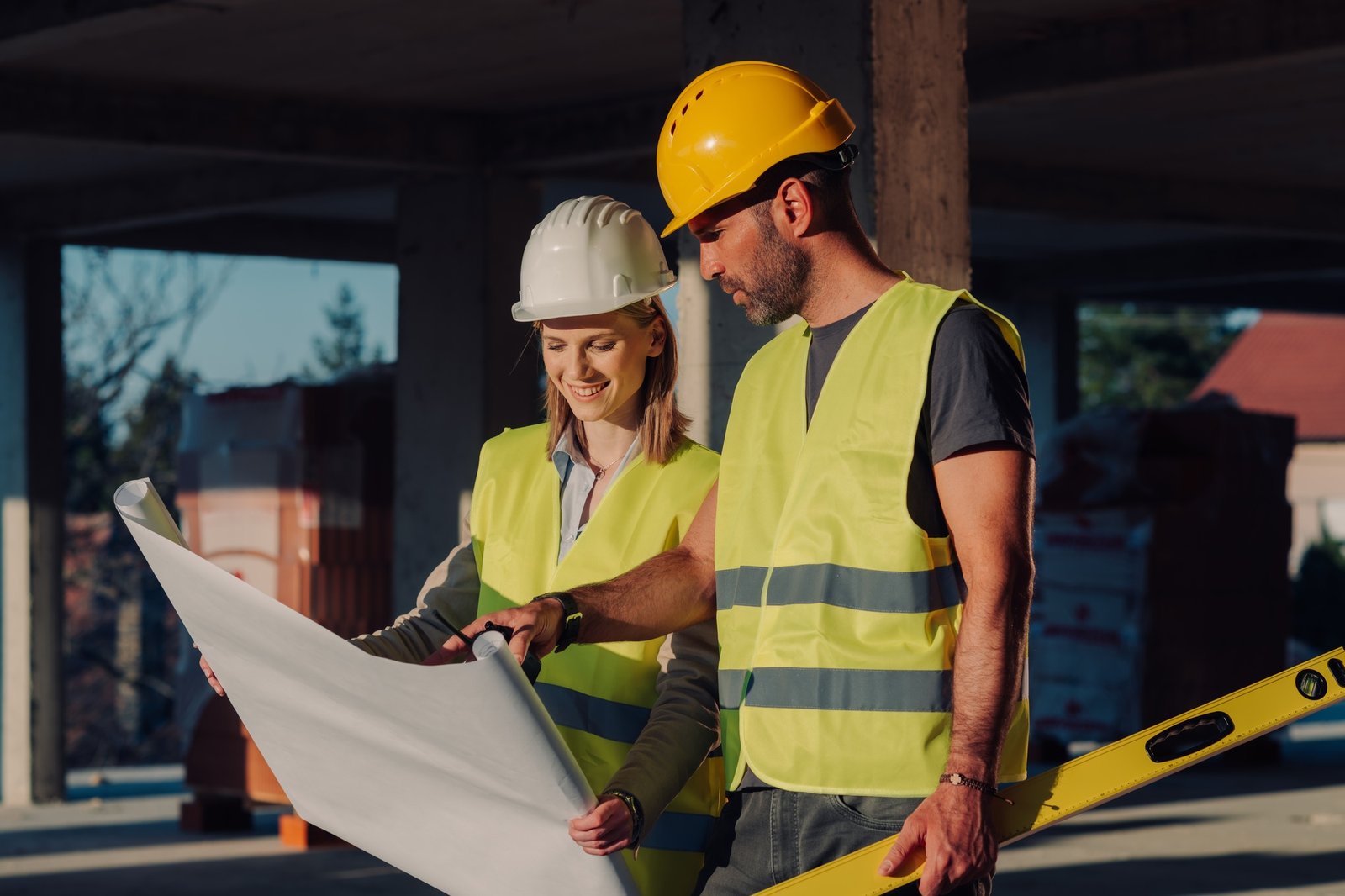 Construction workers examining blueprint at building site